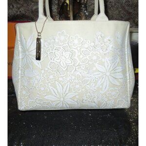 Oscar De La Renta Neiman Marcus Painted Floral Lace Canvas Tote
